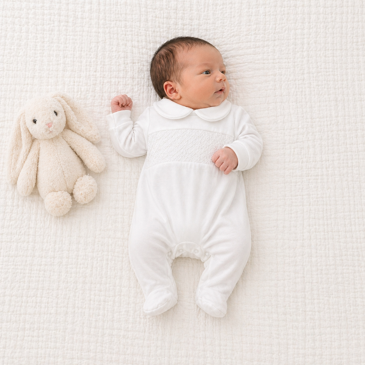 SG68 Baby Unisex Peter Pan Collar Smocking Babygrow White/White