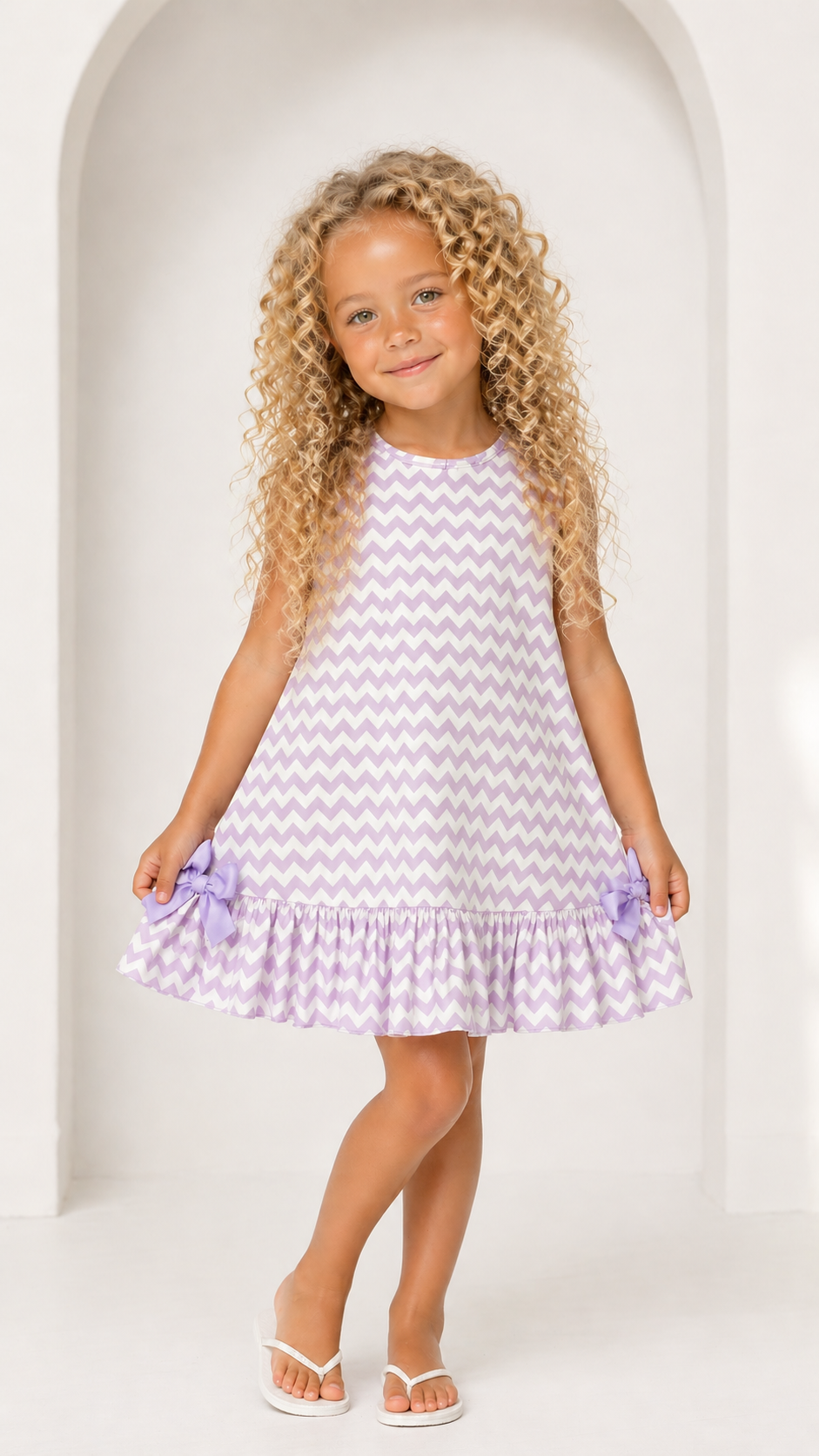 Chevron Girls Frilly Bow Dress Lilac