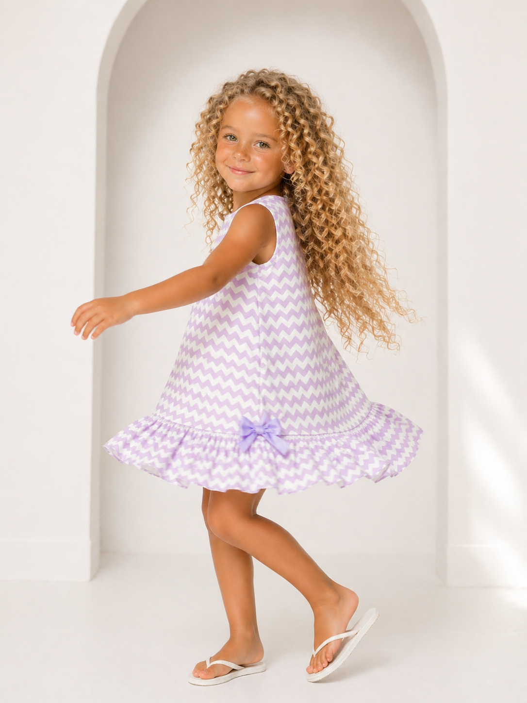 Chevron Girls Frilly Bow Dress Lilac