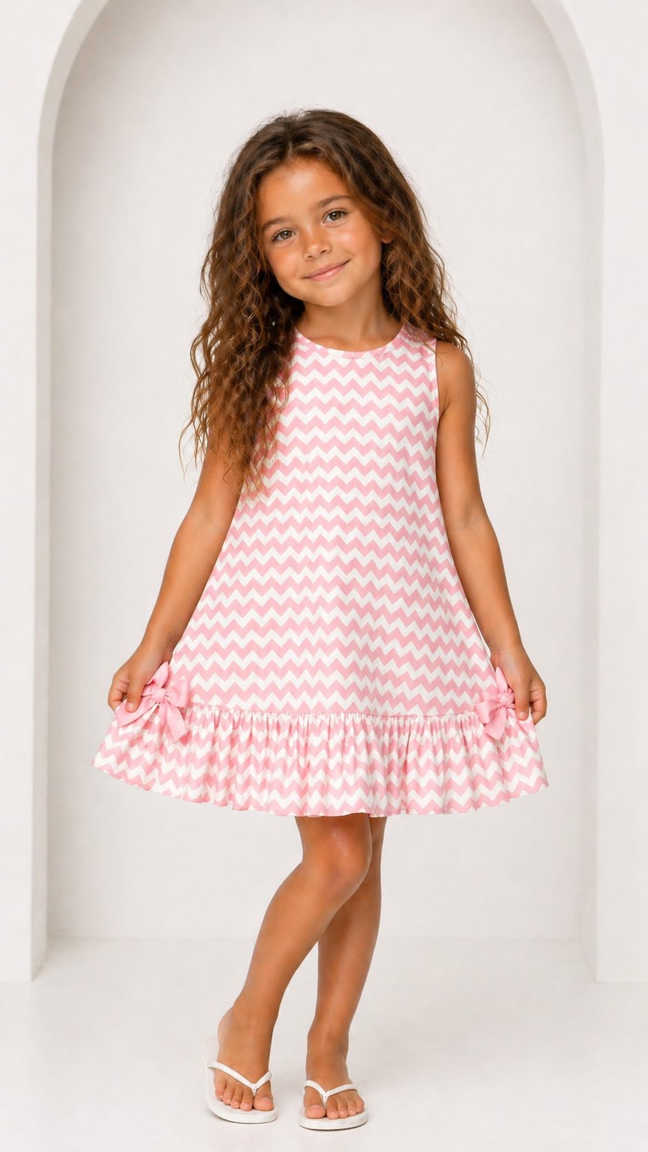 Chevron Girls Frilly Bow Dress Pink