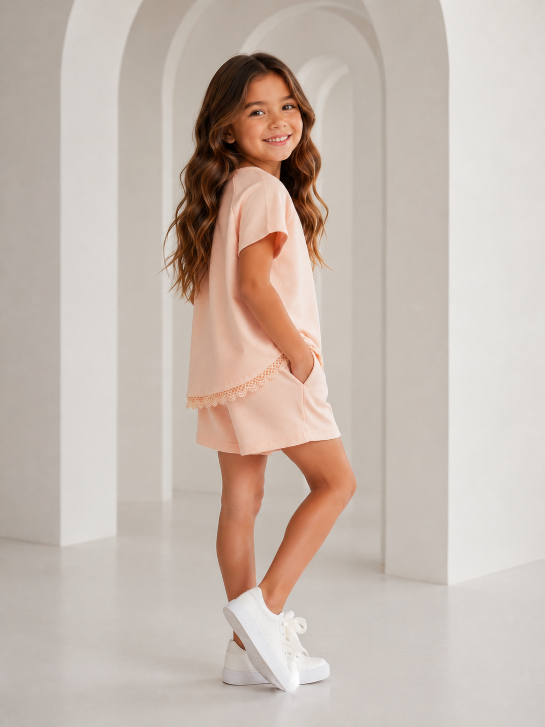 Heidi Girls Lace Bottom Short Set Peach Pink