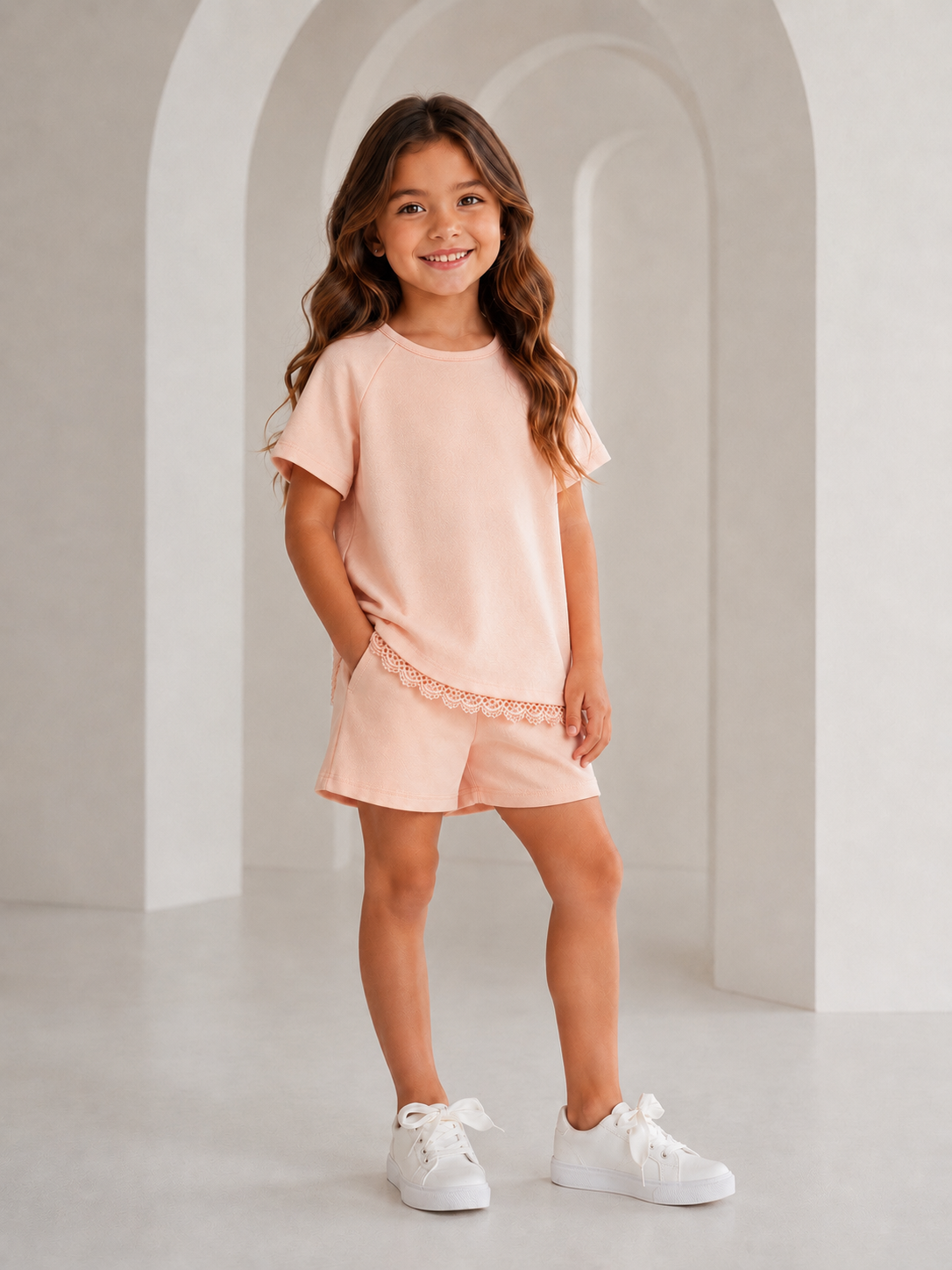 Heidi Girls Lace Bottom Short Set Peach Pink