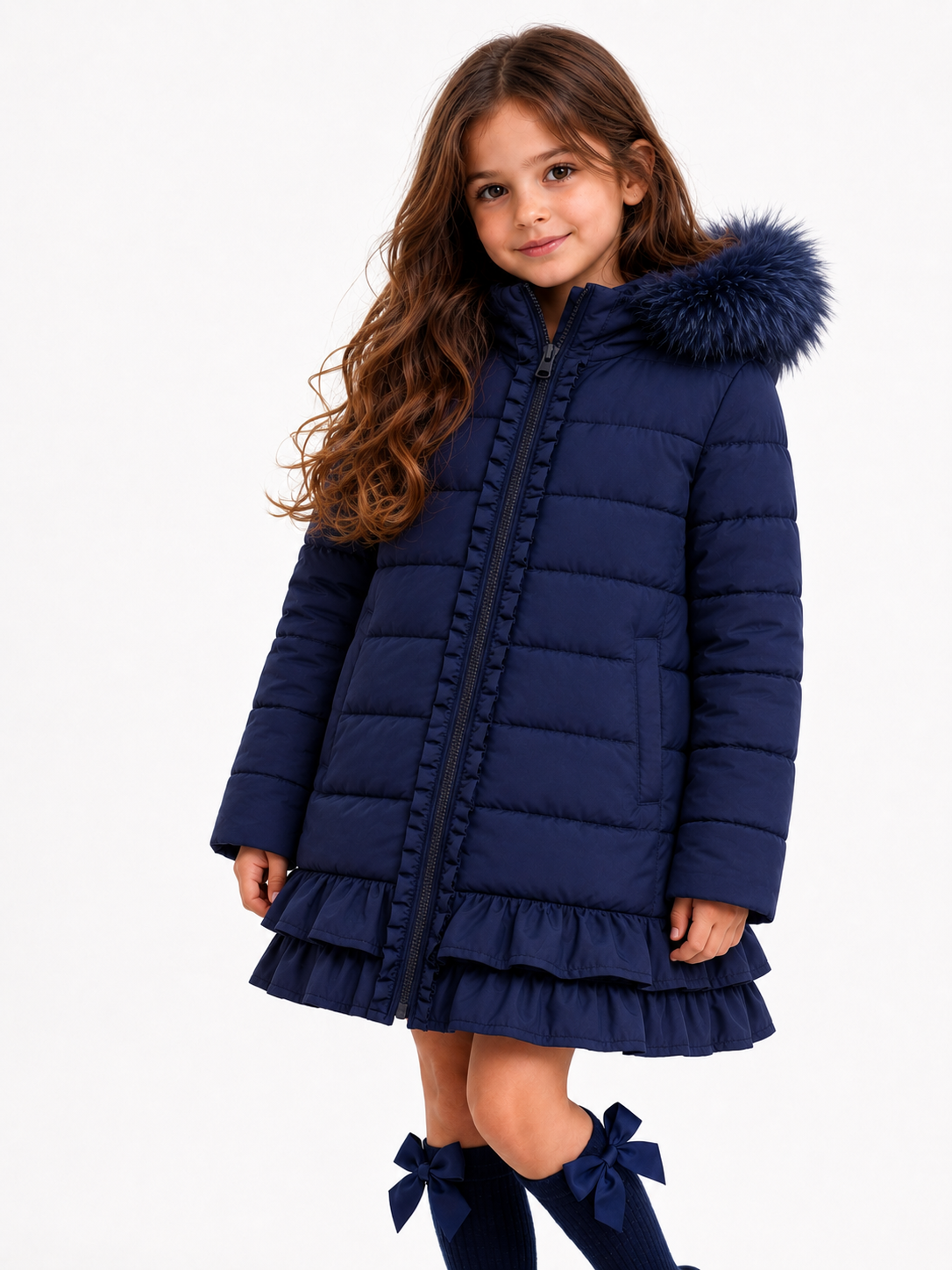 Violet Girls Padded Faux Fur Frilly Ruffle Coat Navy
