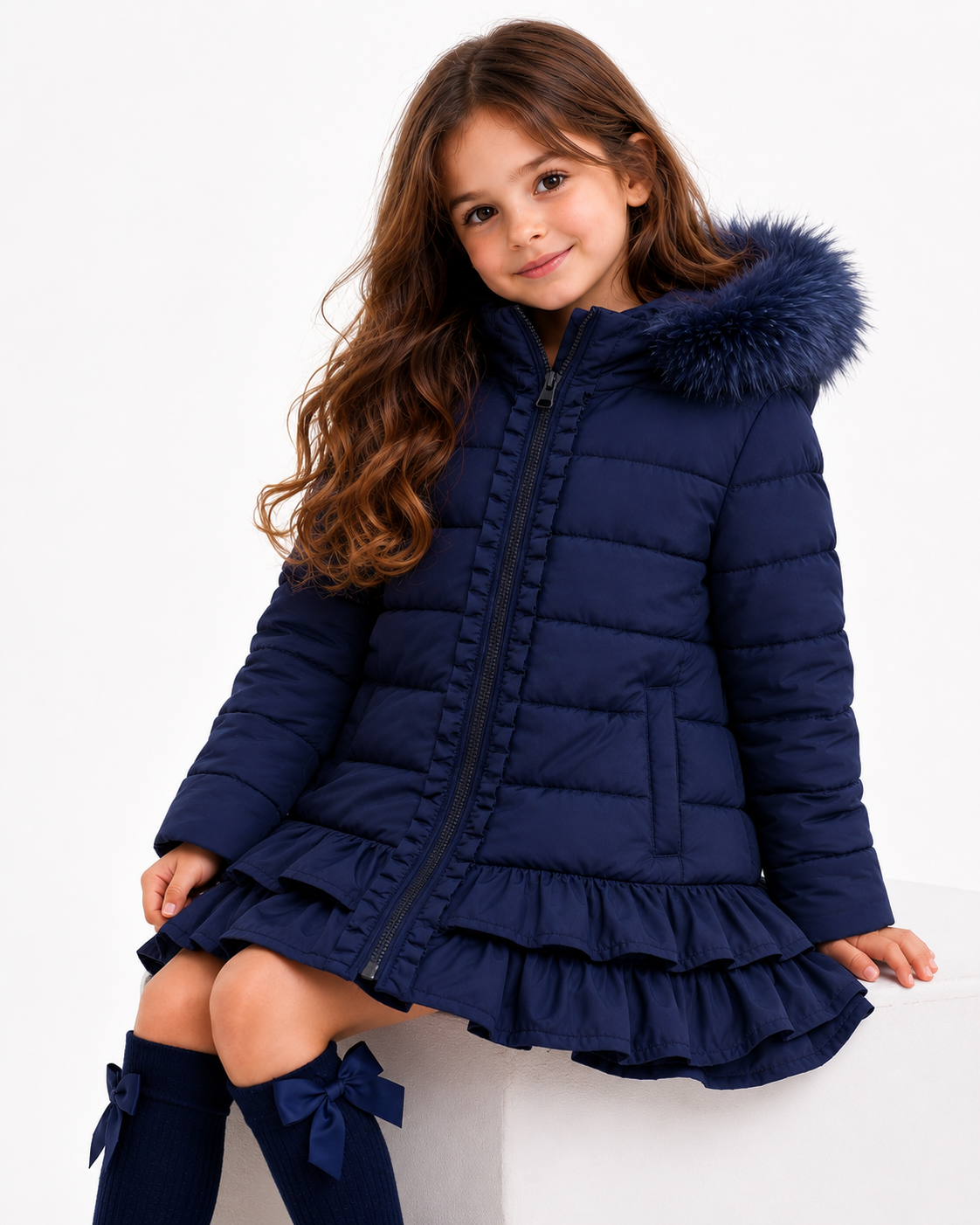 Violet Girls Padded Faux Fur Frilly Ruffle Coat Navy