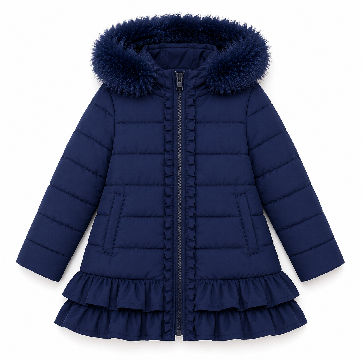Violet Girls Padded Faux Fur Frilly Ruffle Coat Navy