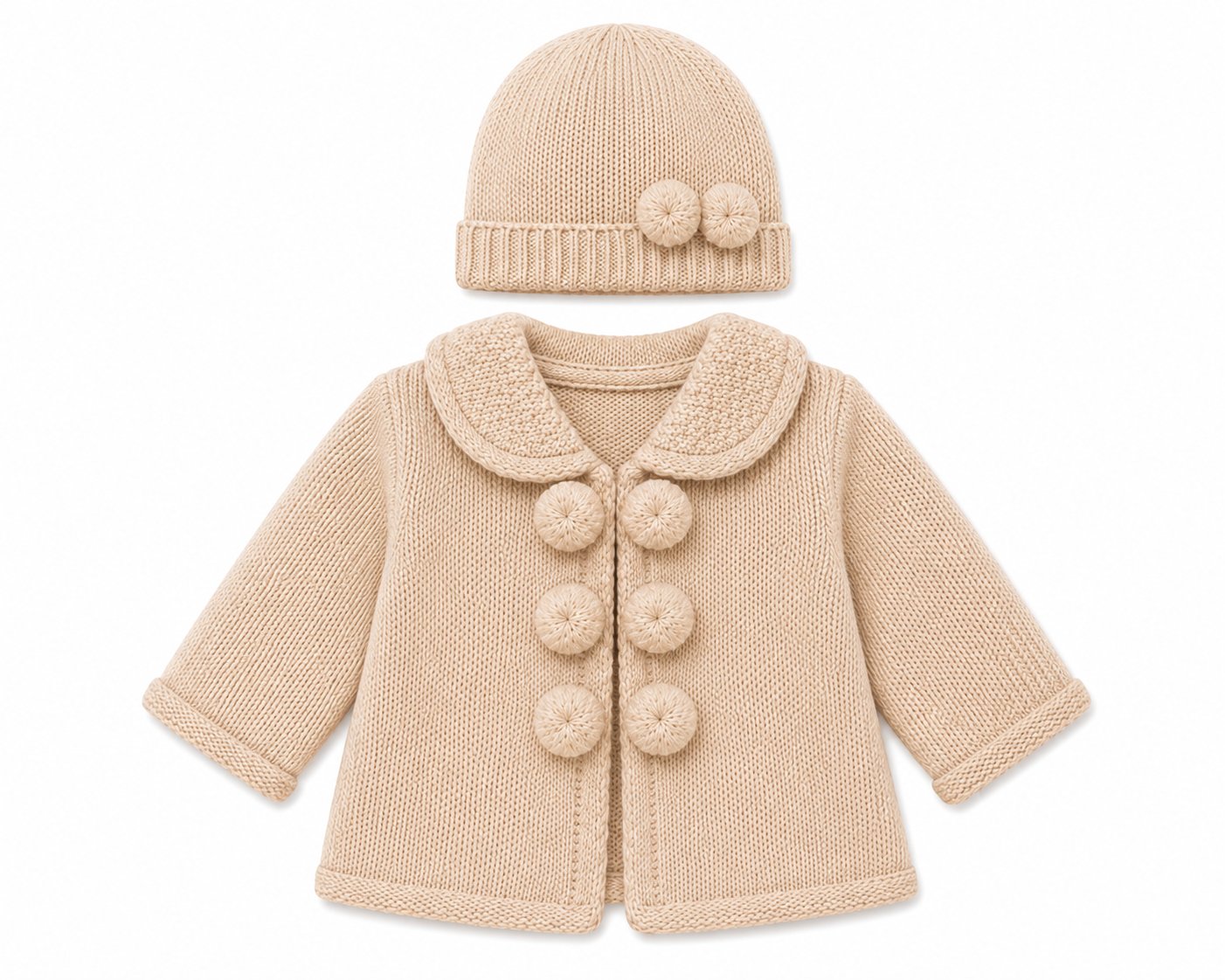 Pom Pom Thick Knitted Baby Unisex Cardigan With Hat Camel