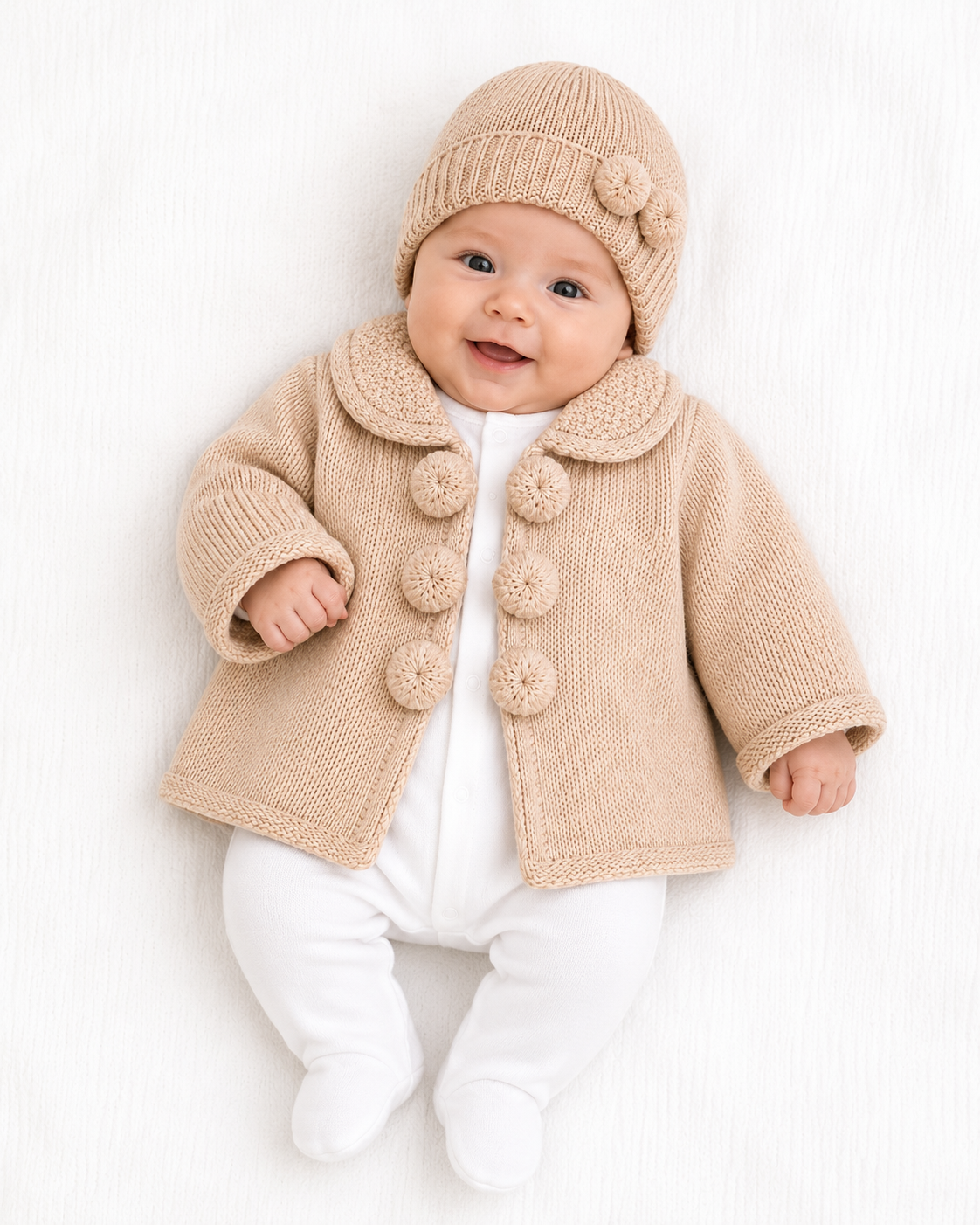 Pom Pom Thick Knitted Baby Unisex Cardigan With Hat Camel