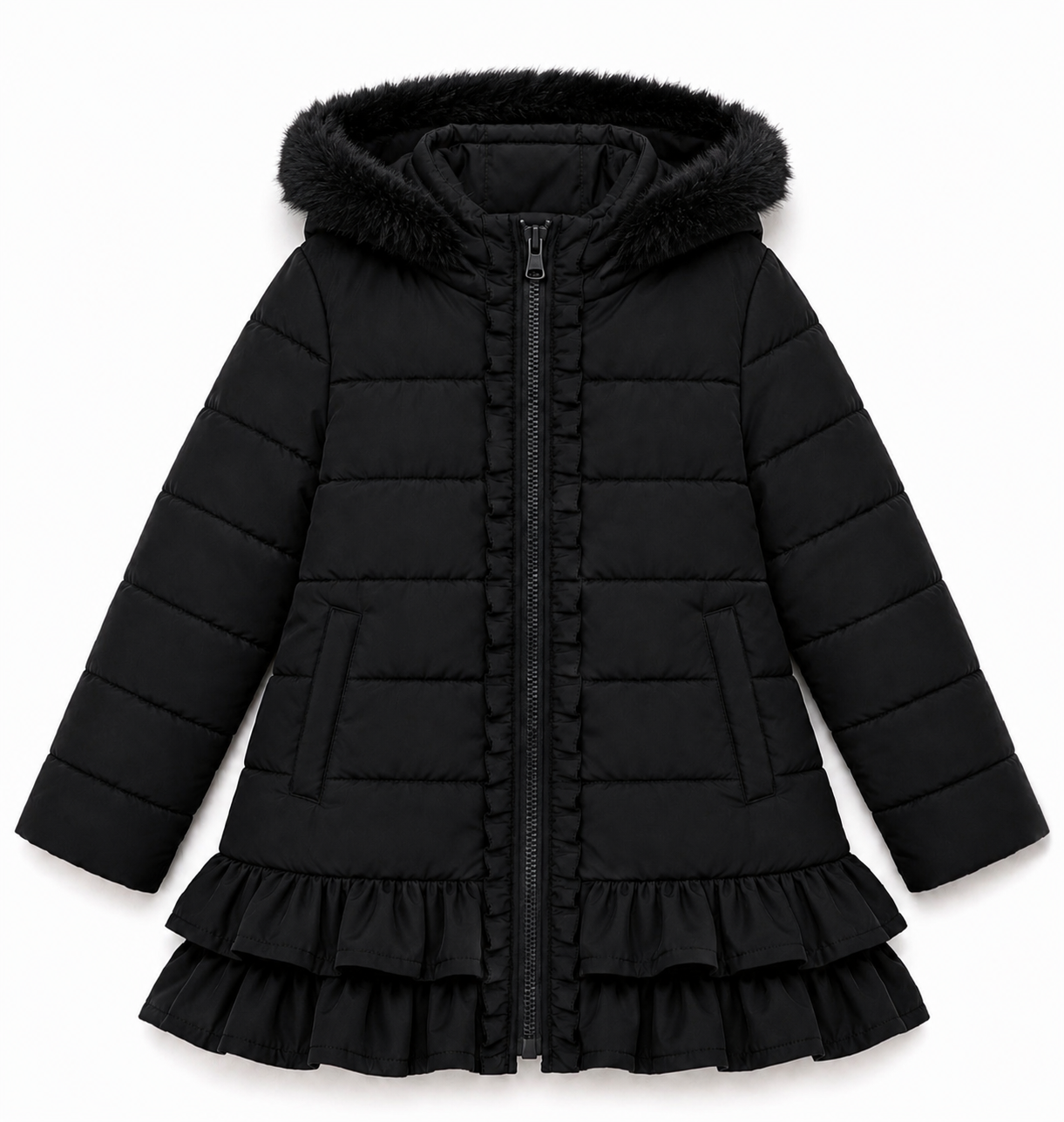Violet Girls Padded Faux Fur Frilly Ruffle Coat Black