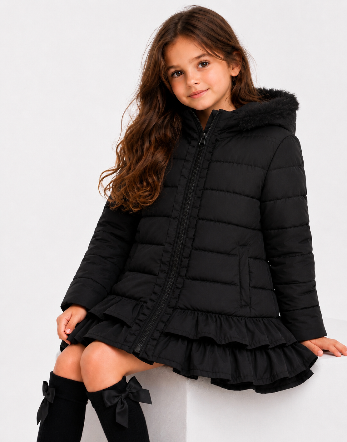 Violet Girls Padded Faux Fur Frilly Ruffle Coat Black
