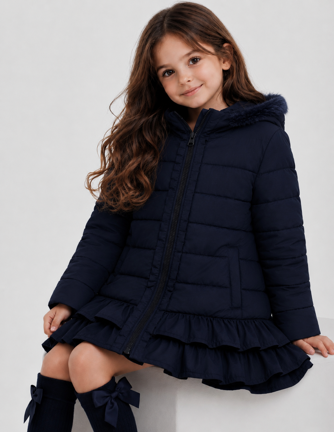Violet Girls Padded Faux Fur Frilly Ruffle Coat Navy
