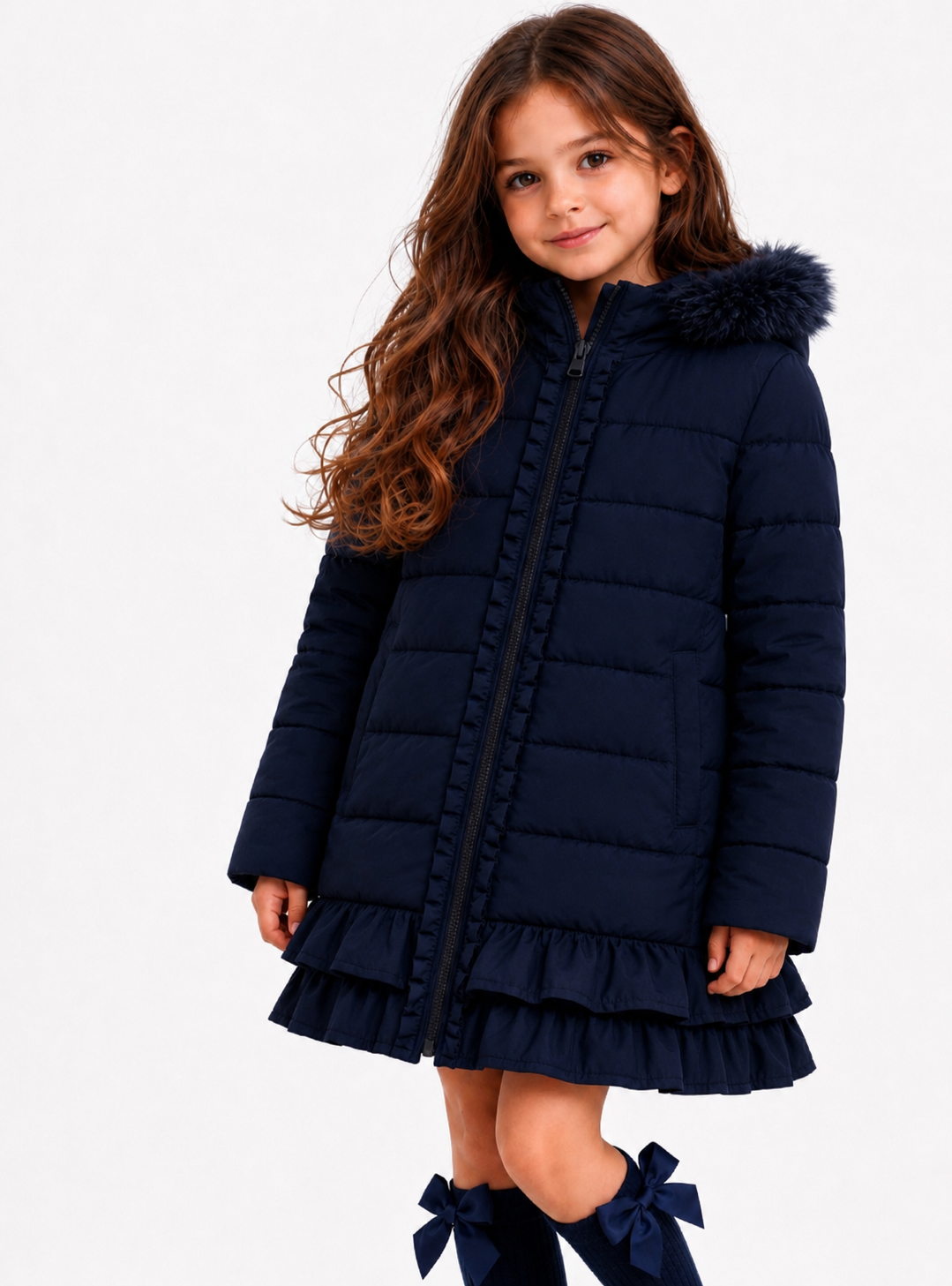 Violet Girls Padded Faux Fur Frilly Ruffle Coat Navy