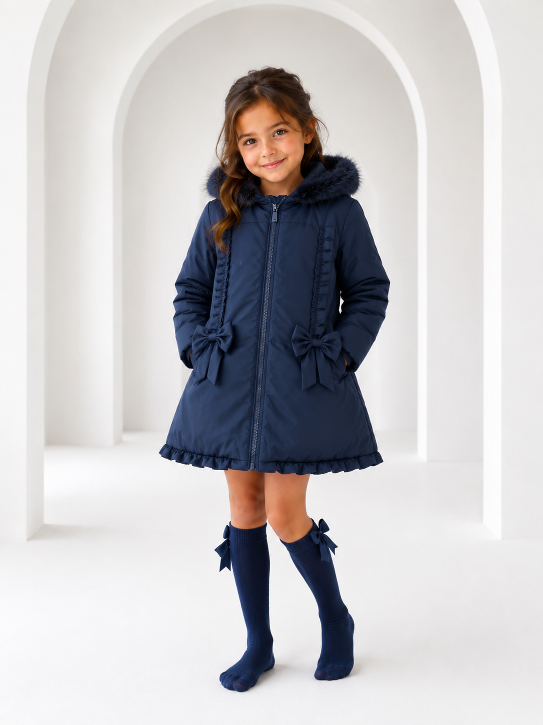 Scarlet Girls Padded Faux Fur Hood Frilly Bow Coat Navy