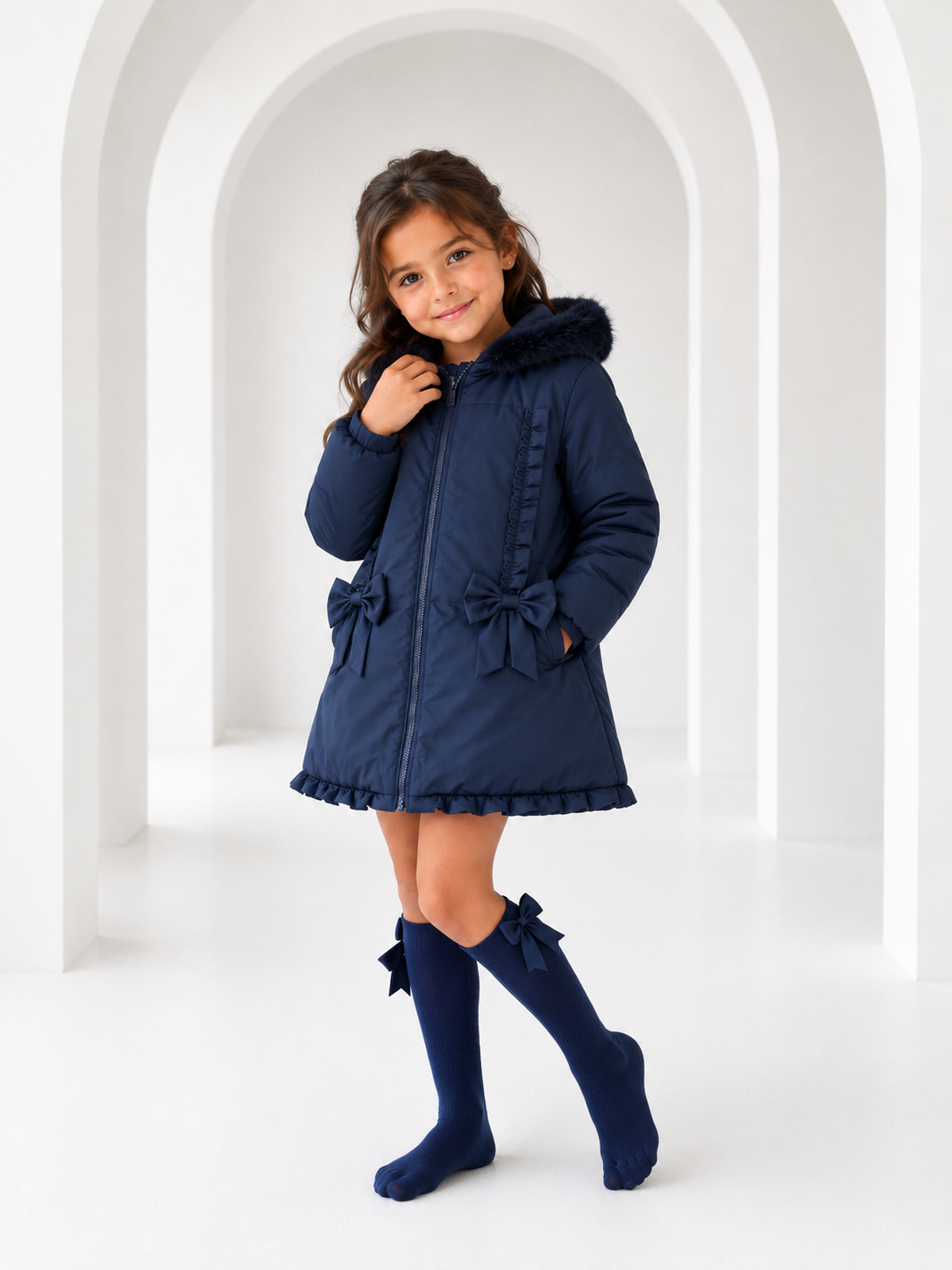 Scarlet Girls Padded Faux Fur Hood Frilly Bow Coat Navy