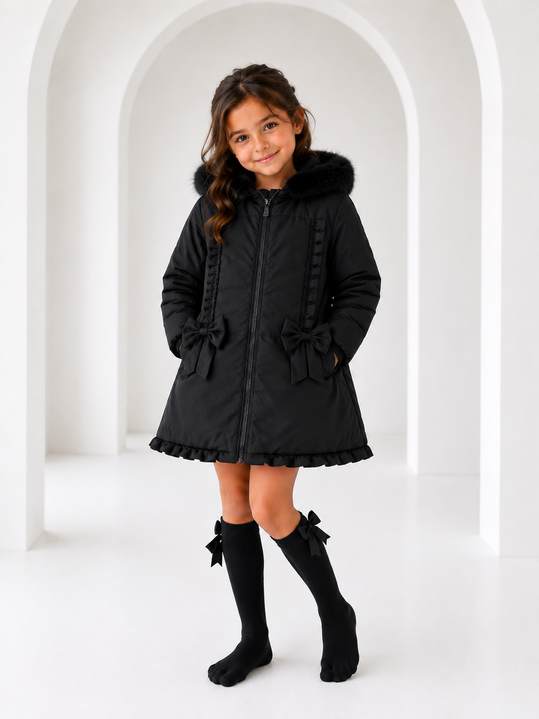 Scarlet Girls Padded Faux Fur Hood Frilly Bow Coat Black