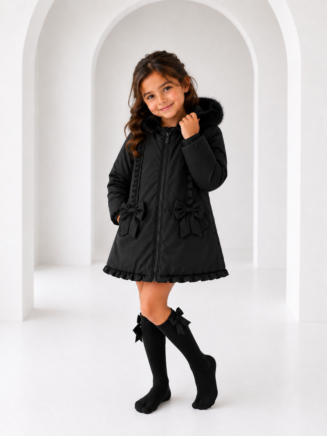 Scarlet Girls Padded Faux Fur Hood Frilly Bow Coat Black