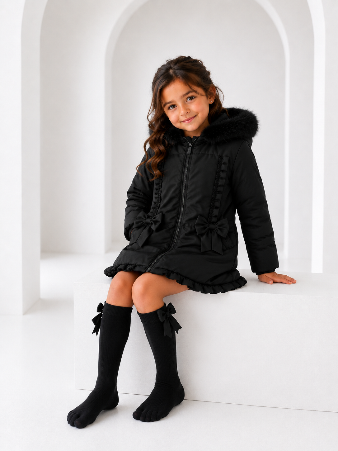 Scarlet Girls Padded Faux Fur Hood Frilly Bow Coat Black