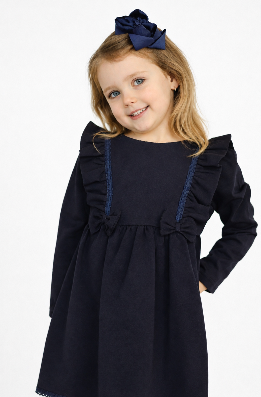 Bella Girls Bow Frill Dress Navy