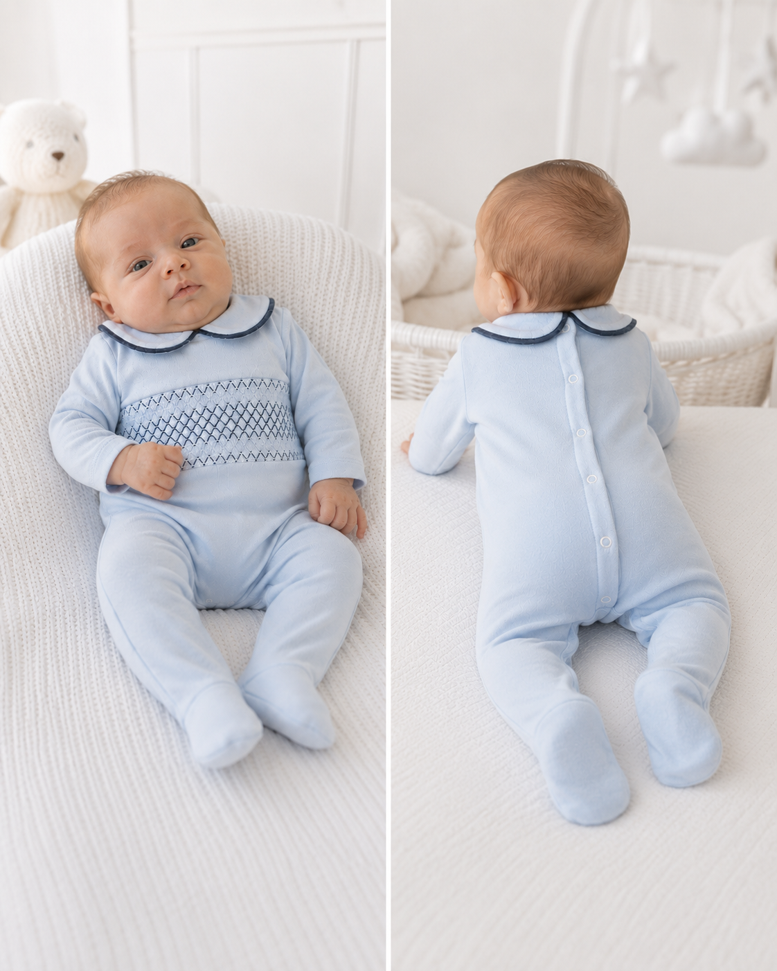SG68 Baby Boys Blue & Navy Peter Pan Collar Smocking Babygrow