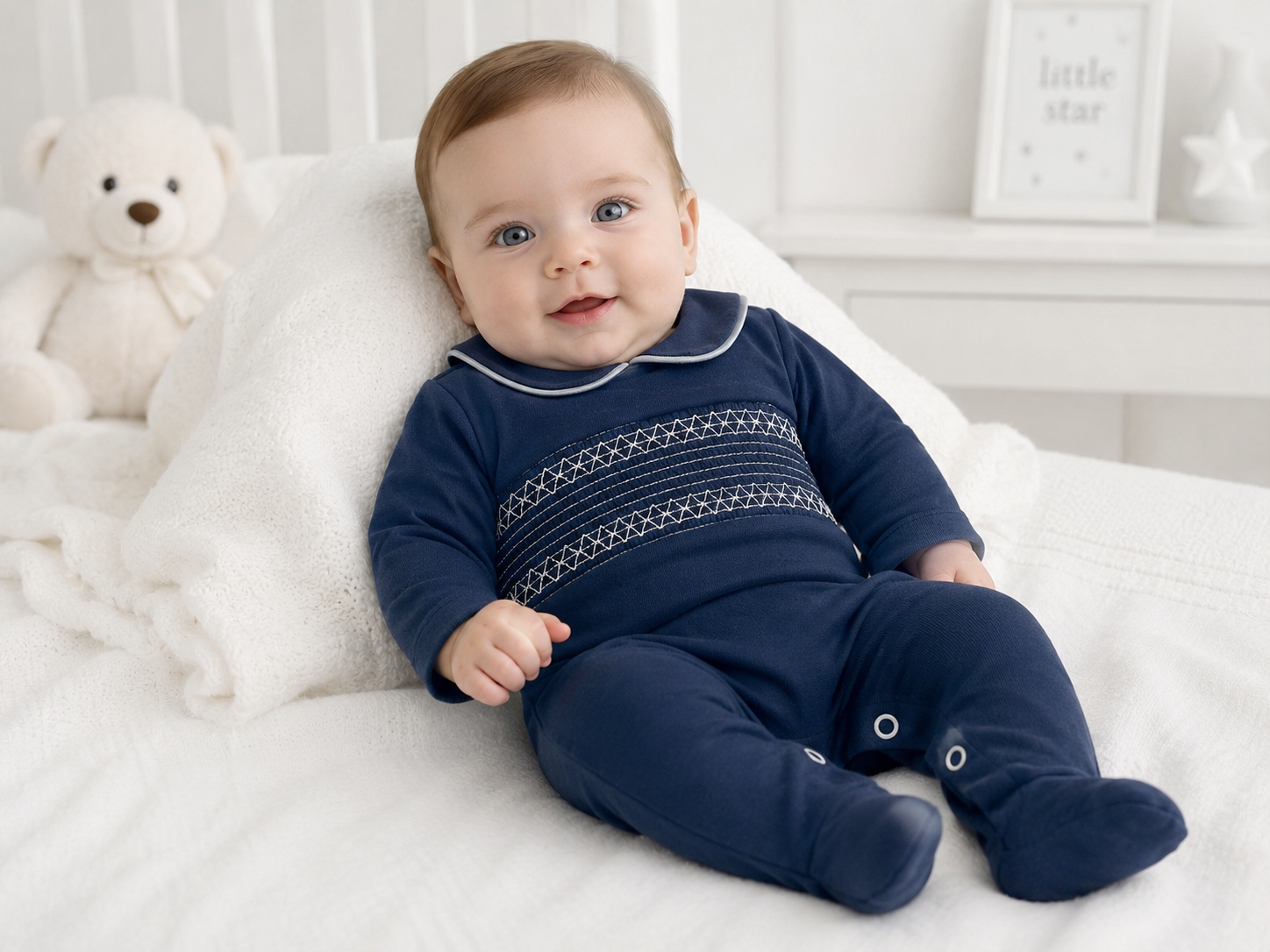 SG68 Baby Boys Navy & White Peter Pan Collar Smocking Babygrow (Copy)