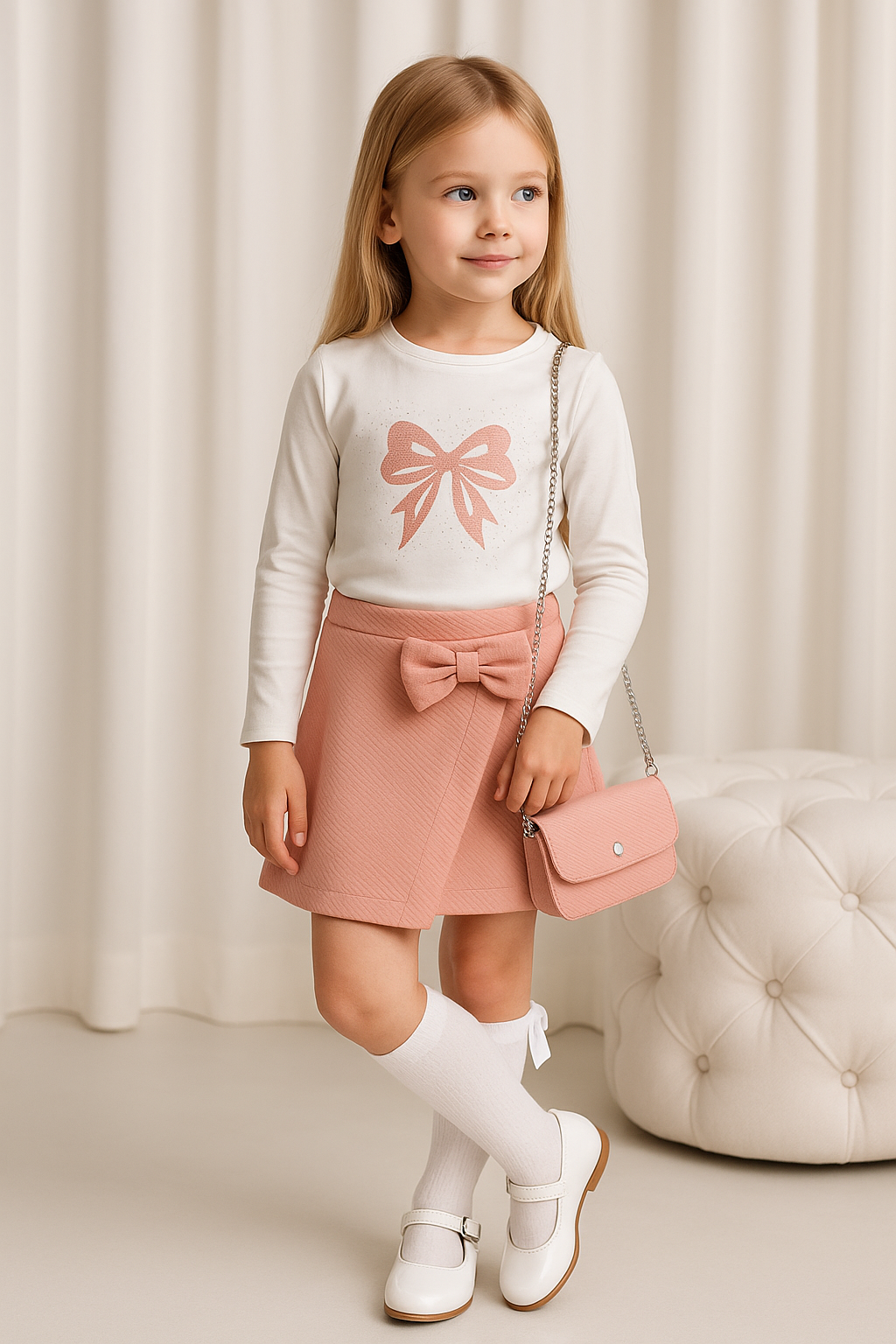 Girls Bow Skort Set & Bag Pink