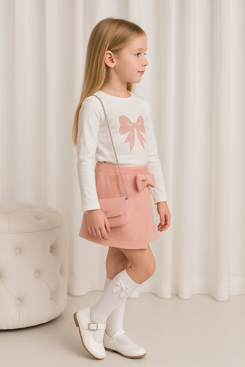 Girls Bow Skort Set & Bag Pink