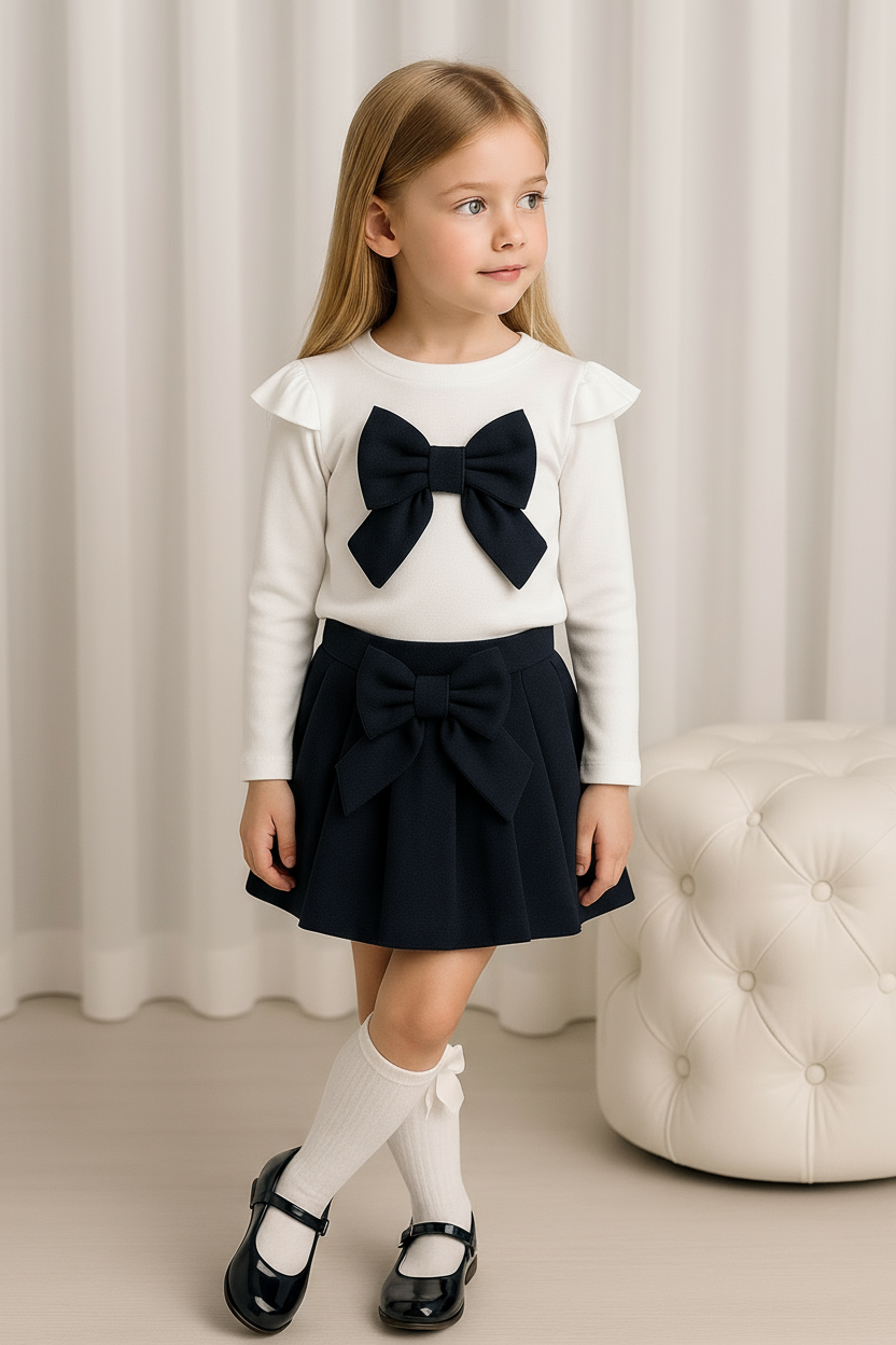 Girls Bow Skirt Set Navy