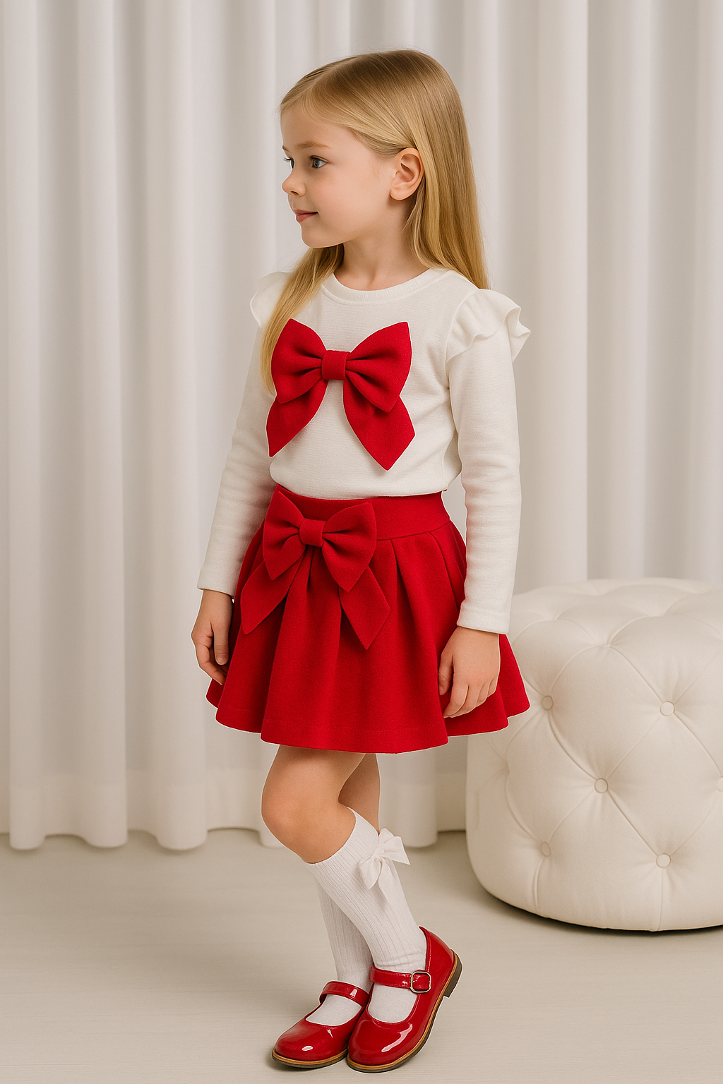 Girls Bow Skirt Set Red