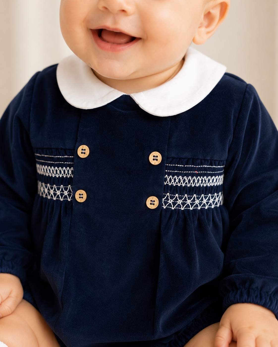 31632 Babidu Luxury Navy Smocked Romper