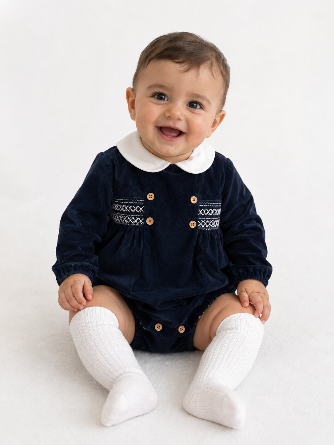 31632 Babidu Luxury Navy Smocked Romper