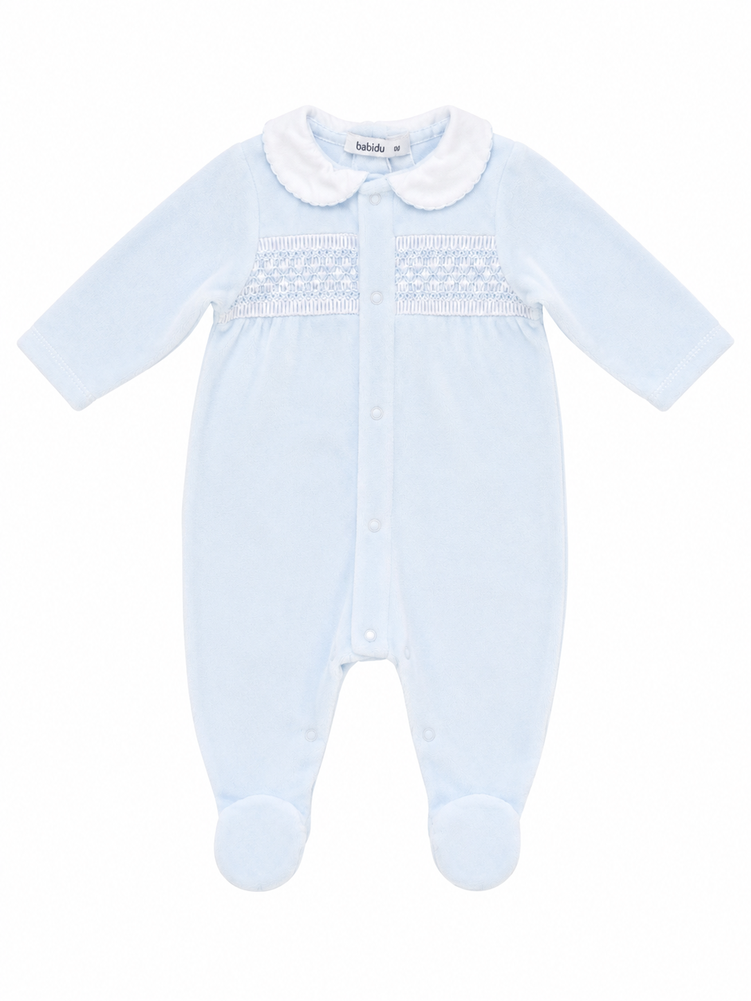 12101 Baby Boys Luxury Collection Babidu Blue Smocked Velour Babygrow