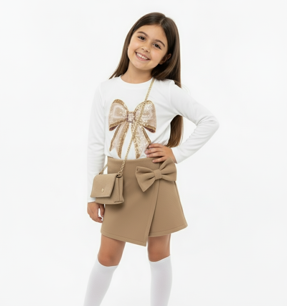 Girls Bow Skort Set & Bag Camel
