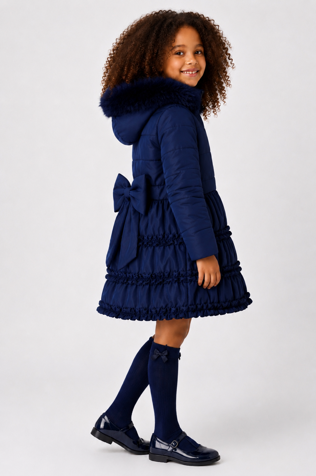 Rosie Girls Ruffle Frilly Padded Coat Navy