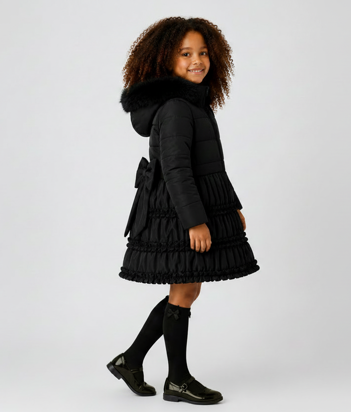 Rosie Girls Ruffle Frilly Padded Coat Black