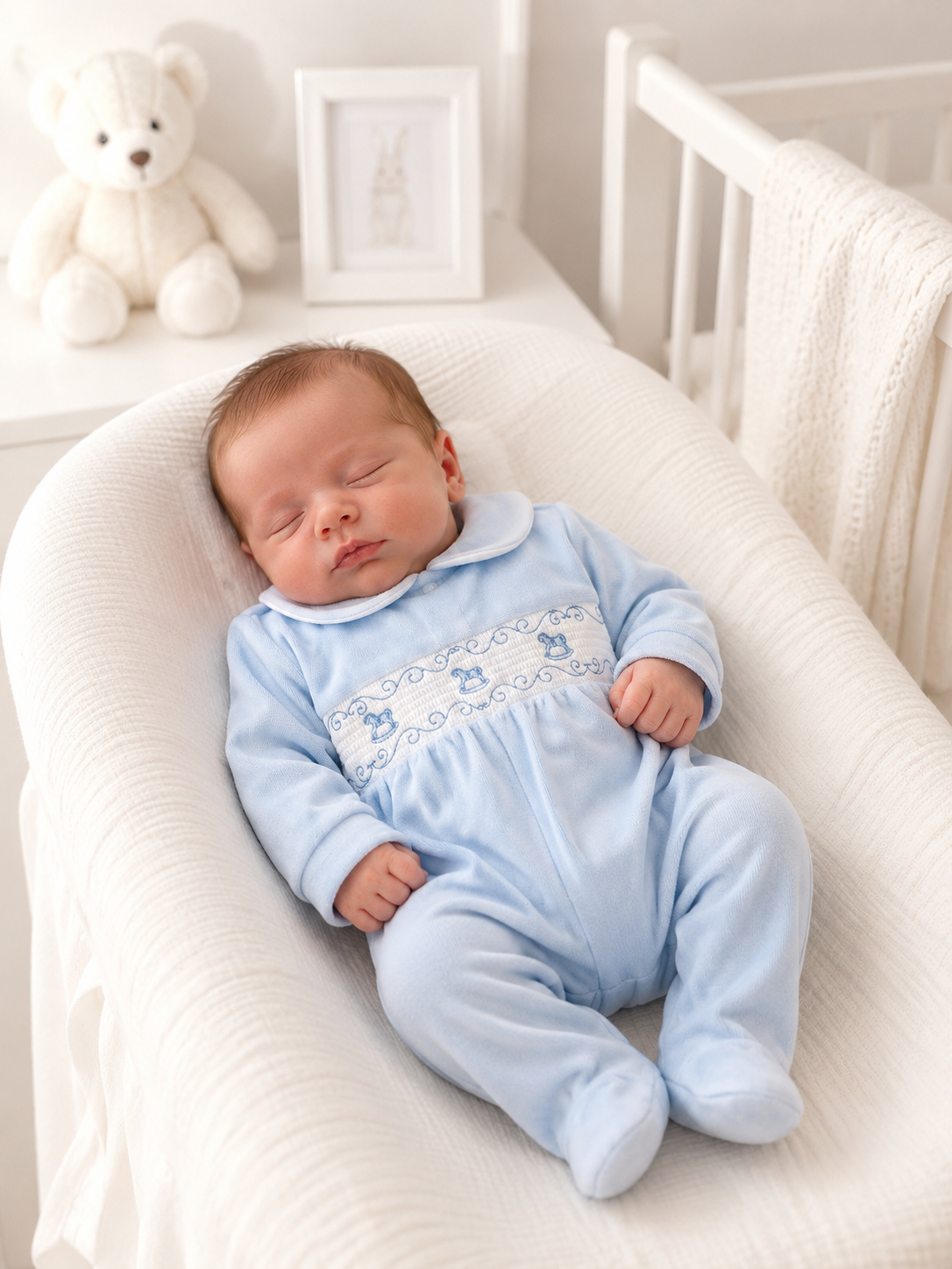 Rocking Horse Velour Embroidered Babygrow Blue