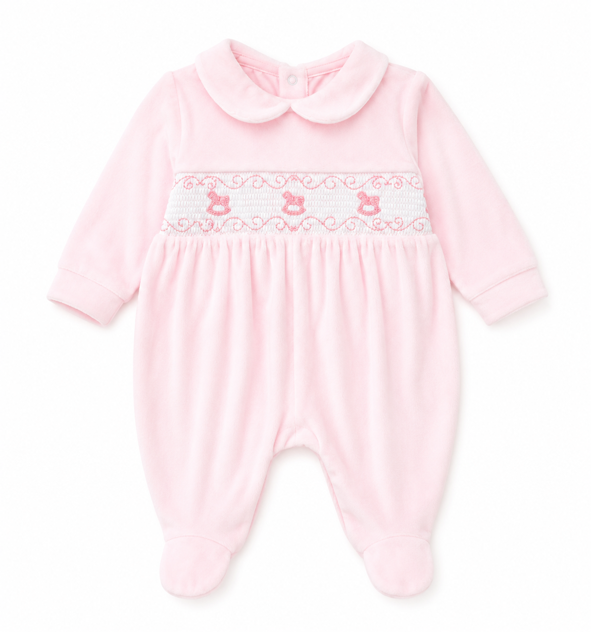 Rocking Horse Velour Embroidered Babygrow Pink