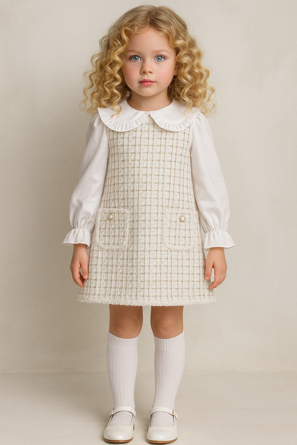 Bronte Girls Tweed Shirt Look Glitter Dress Cream