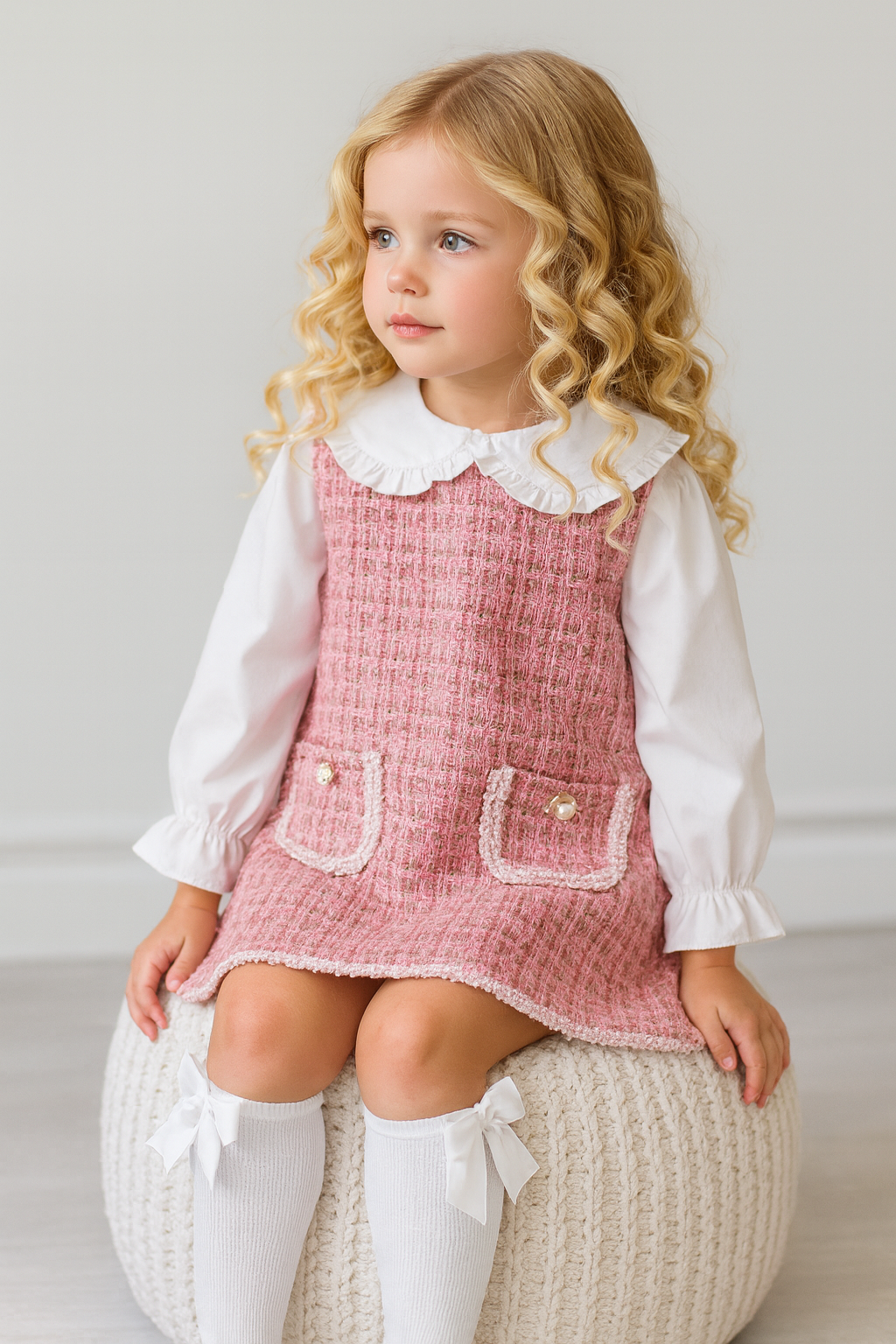Bronte Girls Tweed Shirt Look Glitter Dress Pink