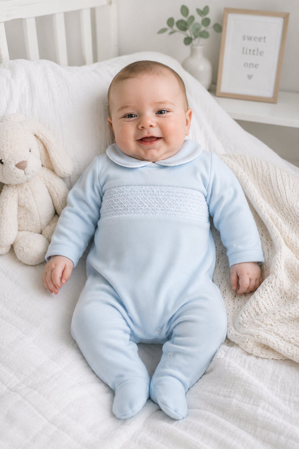 SG68 Baby Boys Peter Pan Velour Collar Smocking Babygrow Baby Blue