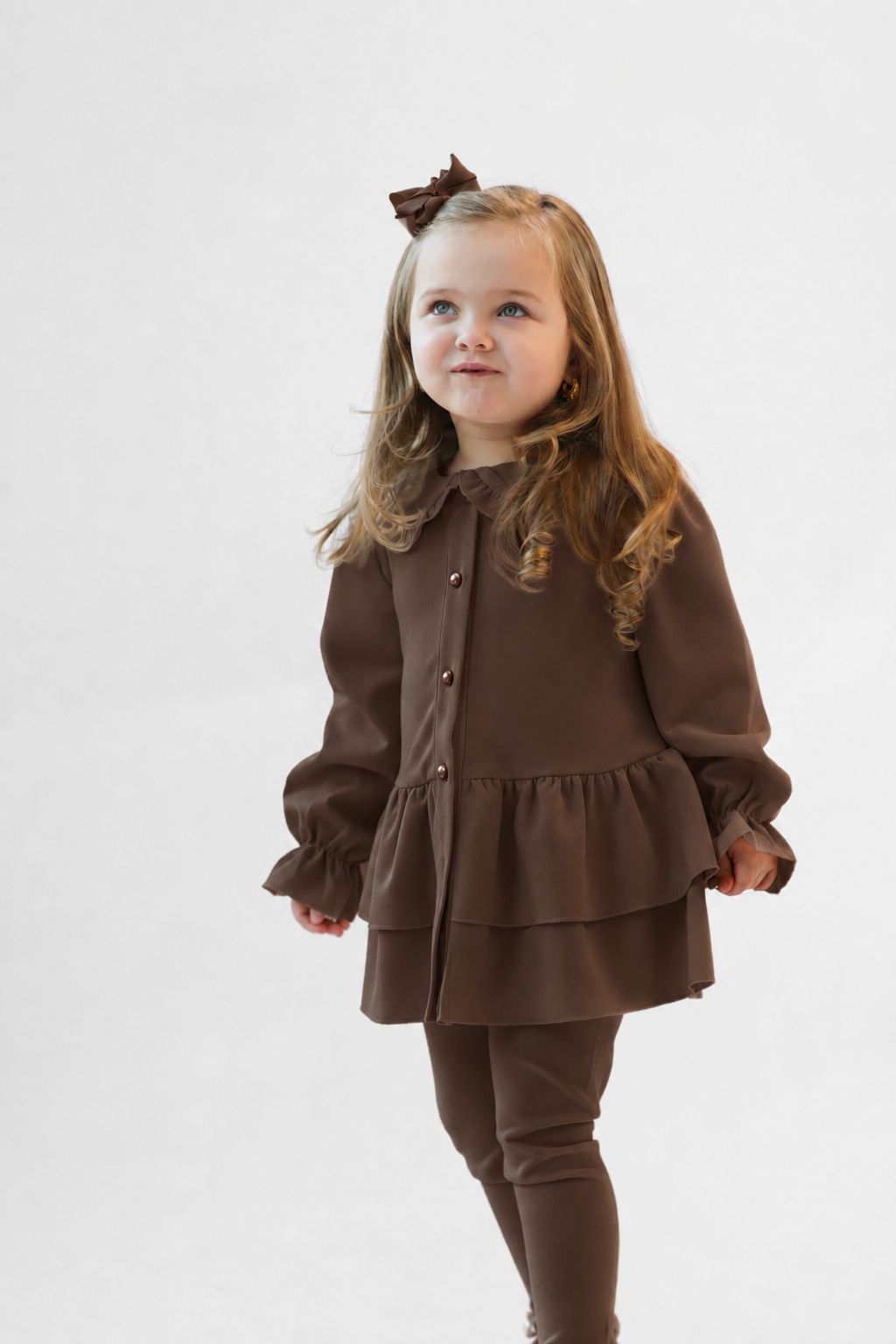 Elsie Luxe Girls Pearl Button Top & Legging Tracksuit Set Brown