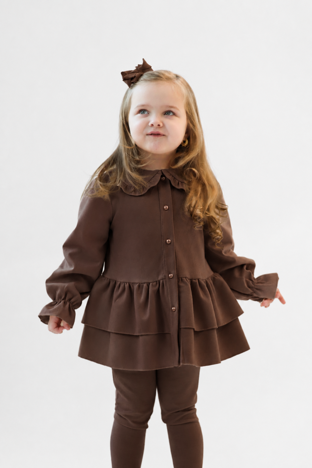Elsie Luxe Girls Pearl Button Top & Legging Tracksuit Set Brown