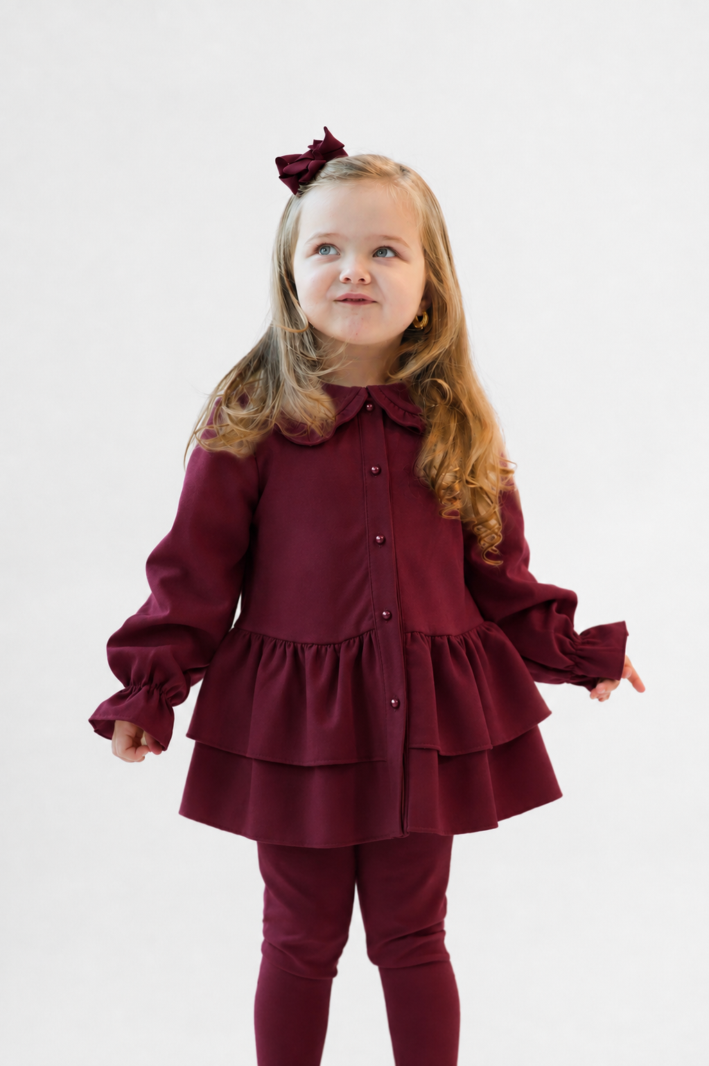 Elsie Luxe Girls Pearl Button Top & Legging Tracksuit Set Burgundy