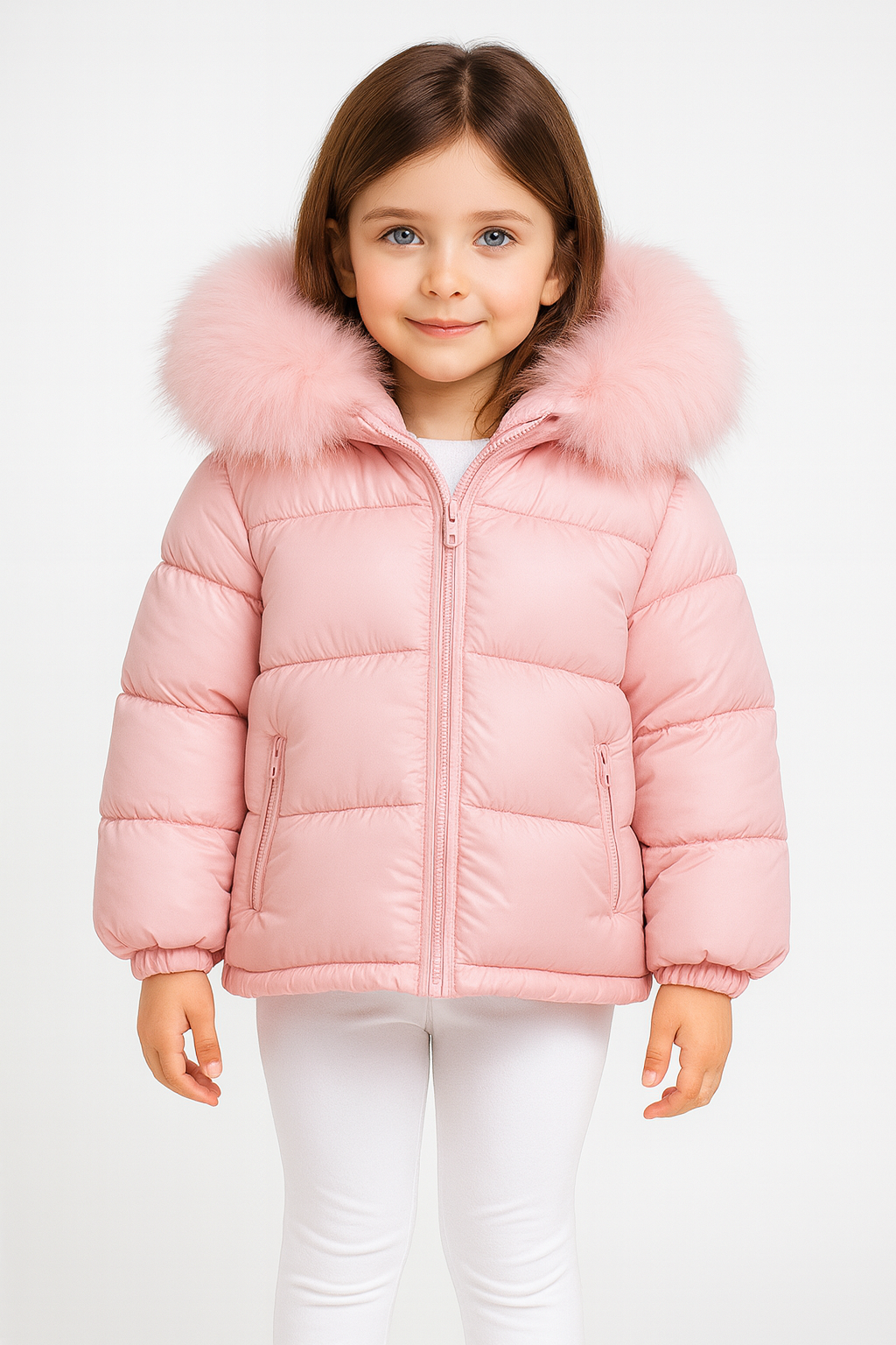 Pink Kids Faux Fur Trim Padded Puffer Coat